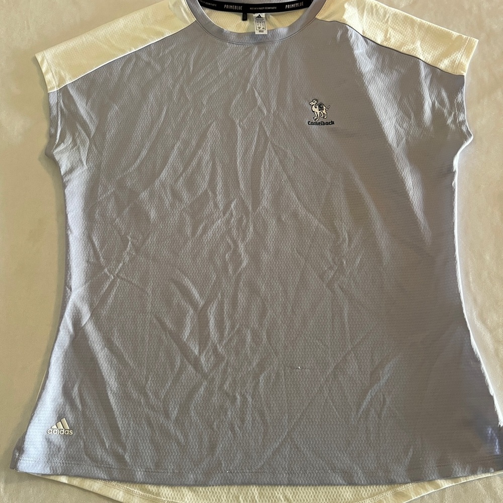L Adidas top blue Women Camelback Embroidered Sports Activewear Large.